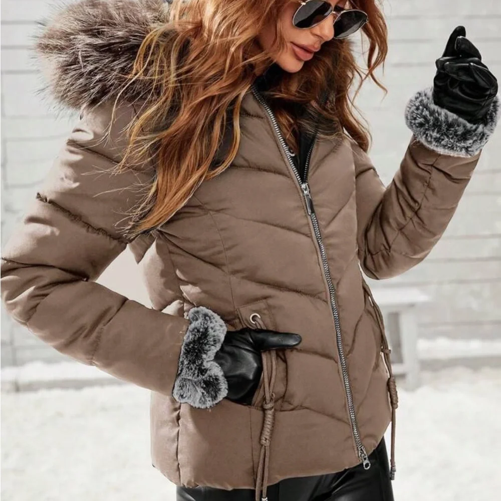 Cozy Zipper Vegan Fur Hooded Puffer Jacket Coat - Picture 14 of 15